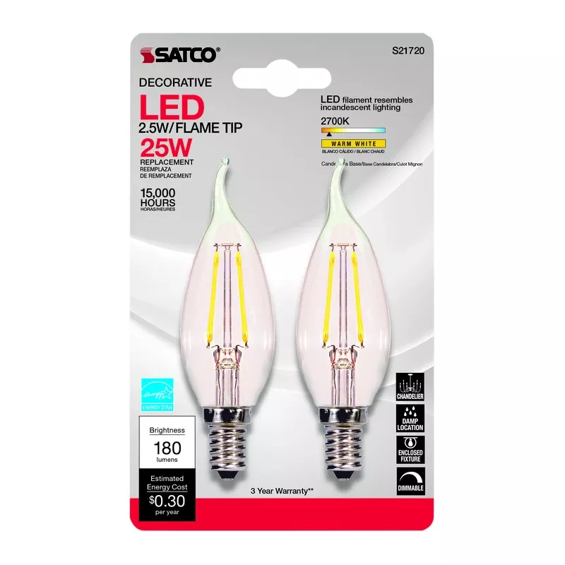 S21720 25w 2700k Clear Flame Tip Candelabra Base Led Bulb - Pack Of 2 Ea